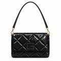 Guess style puffy quilted G logo flap bag - black, studio view