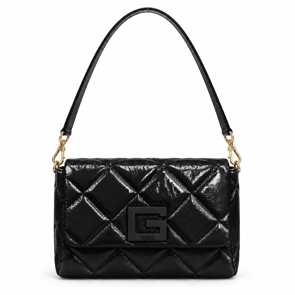 Guess style puffy quilted G logo flap bag - black, studio view