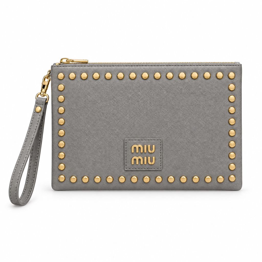 Miu Miu style studded wristlet clutch - grey, studio view
