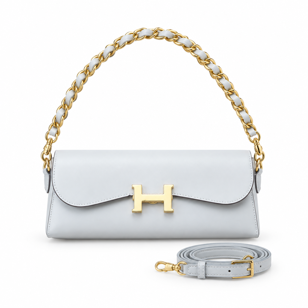 Hermès Style H-Clasp Woven Chain Shoulder Bag - light grey, studio view
