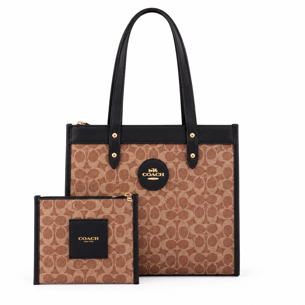 Coach style Signature Field tote with pouch - tan with black trim, studio view