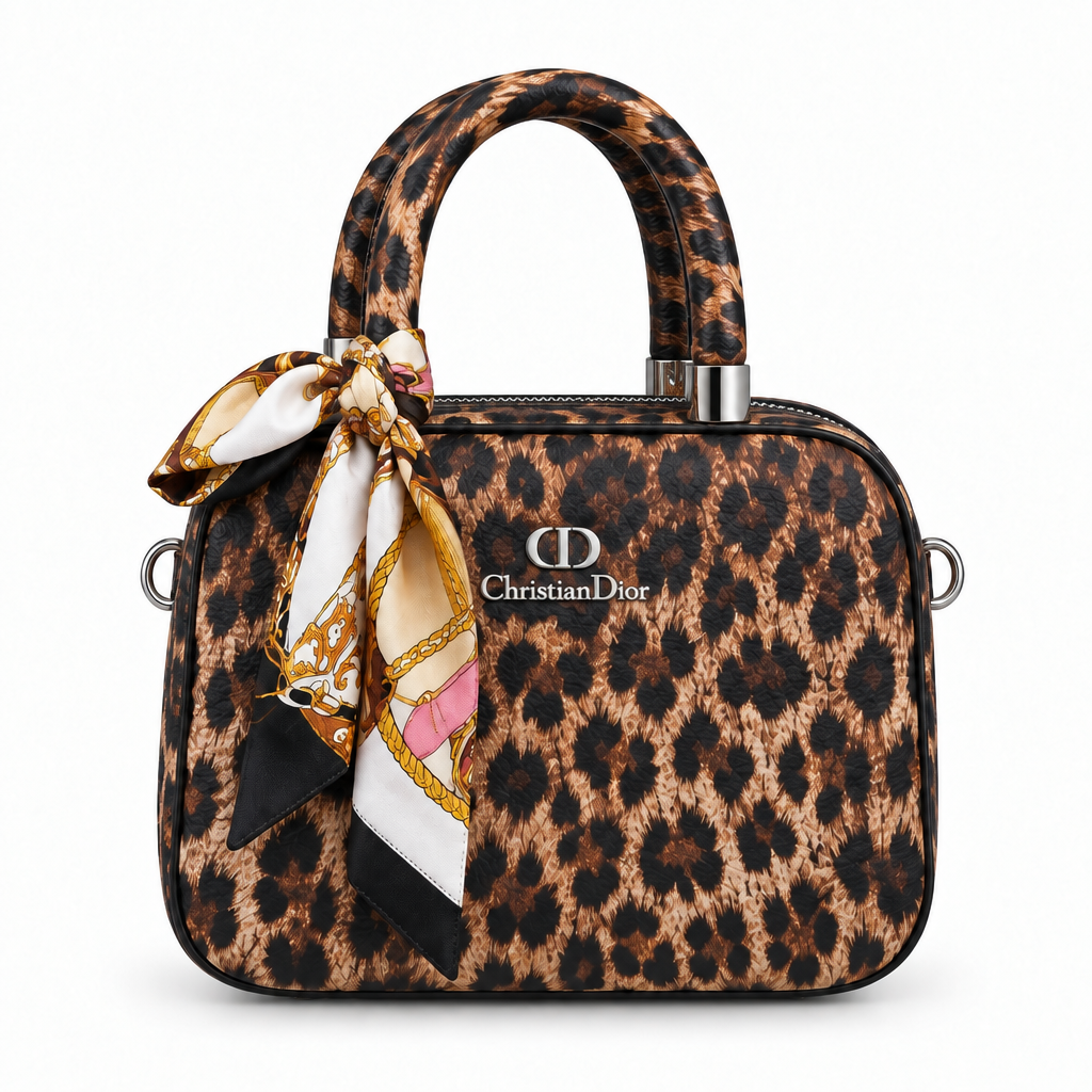 Dior Style Scarf-Handle Mini Bowler Bag - brown leopard, studio view