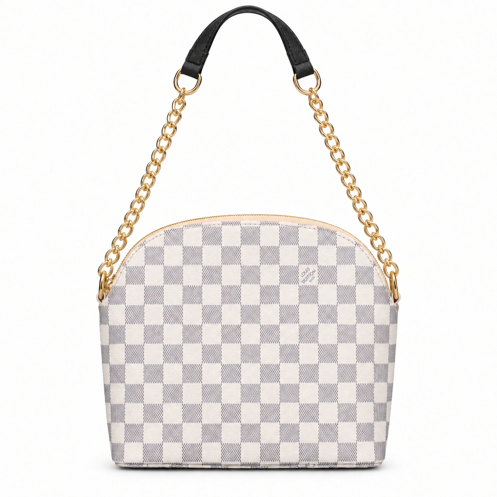 Louis Vuitton style monogram dome chain bag - white check, studio view