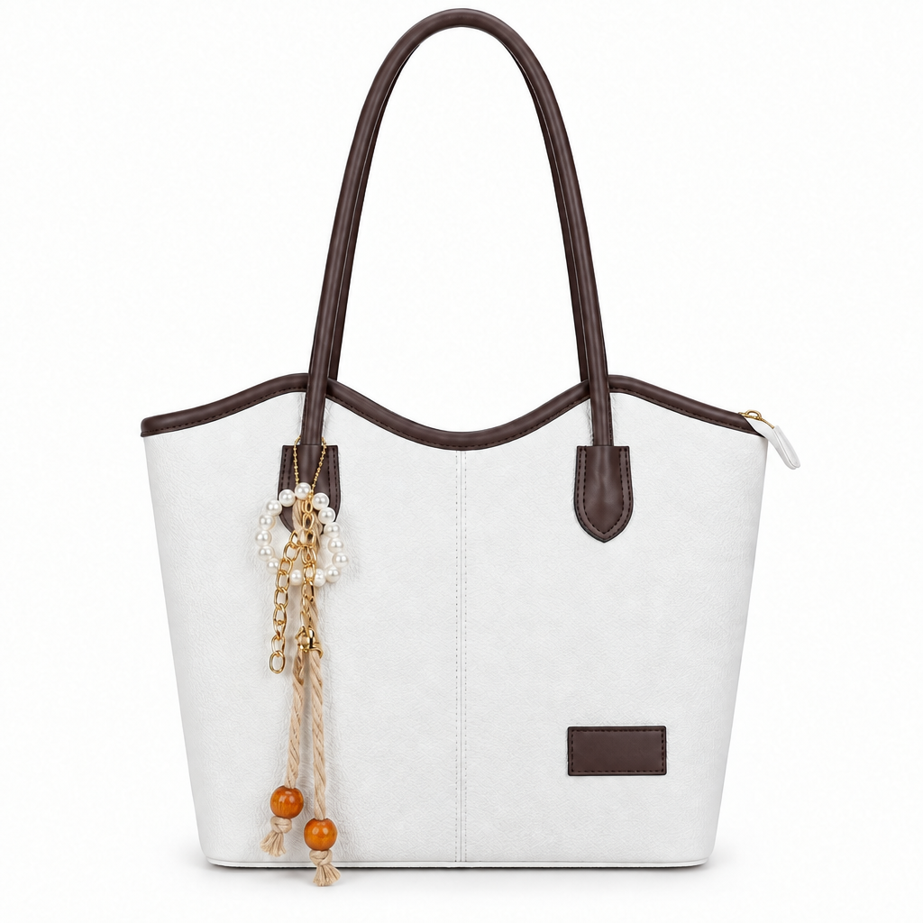 Pearl Charm Curved-Top Shoulder Tote - white with brown trim, studio view