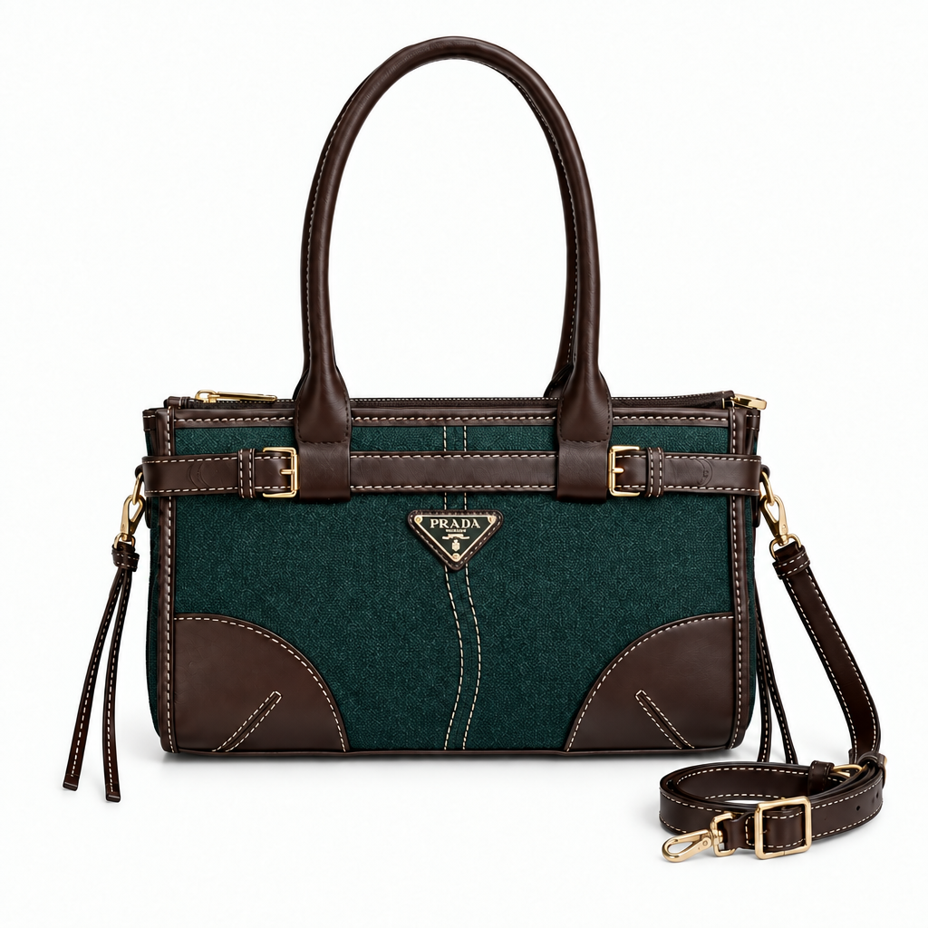 Prada Style Contrast-Trim Twin-Buckle Mini Tote - deep teal green, studio view