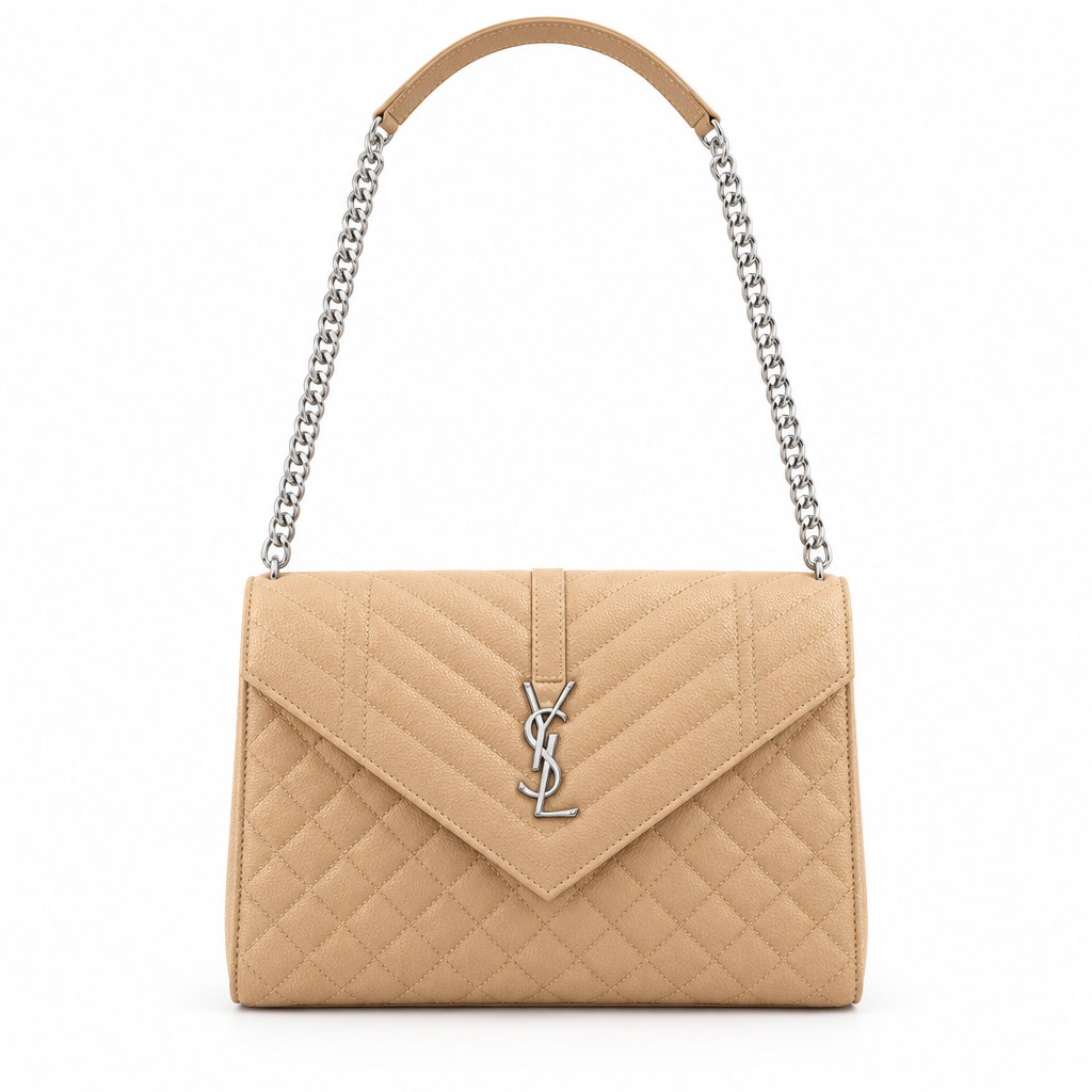 YSL style quilted envelope chain bag - camel beige, studio view