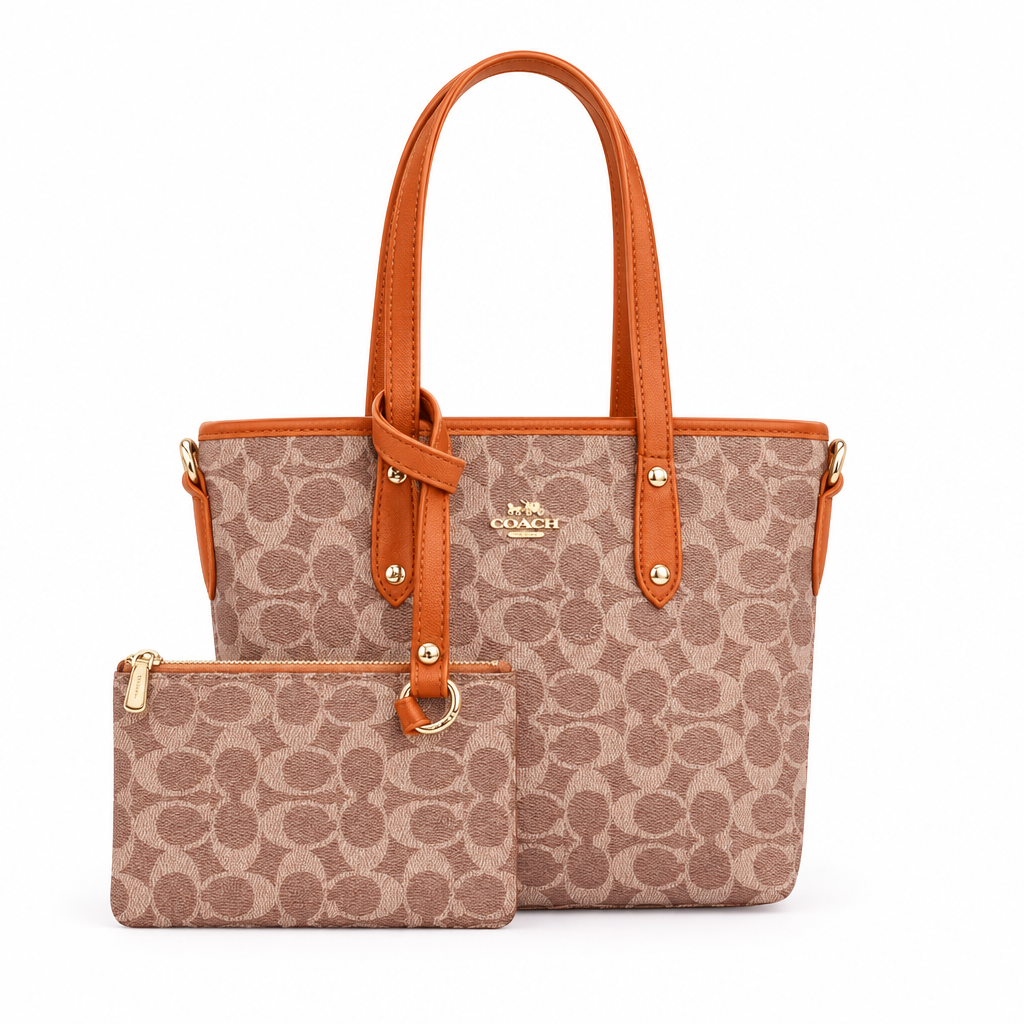 Coach style Signature City mini tote with pouch - tan with orange-brown trim, studio view