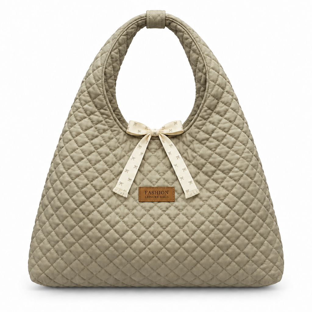 Diamond-Quilted Ribbon Bow Shoulder Tote - champagne, studio view