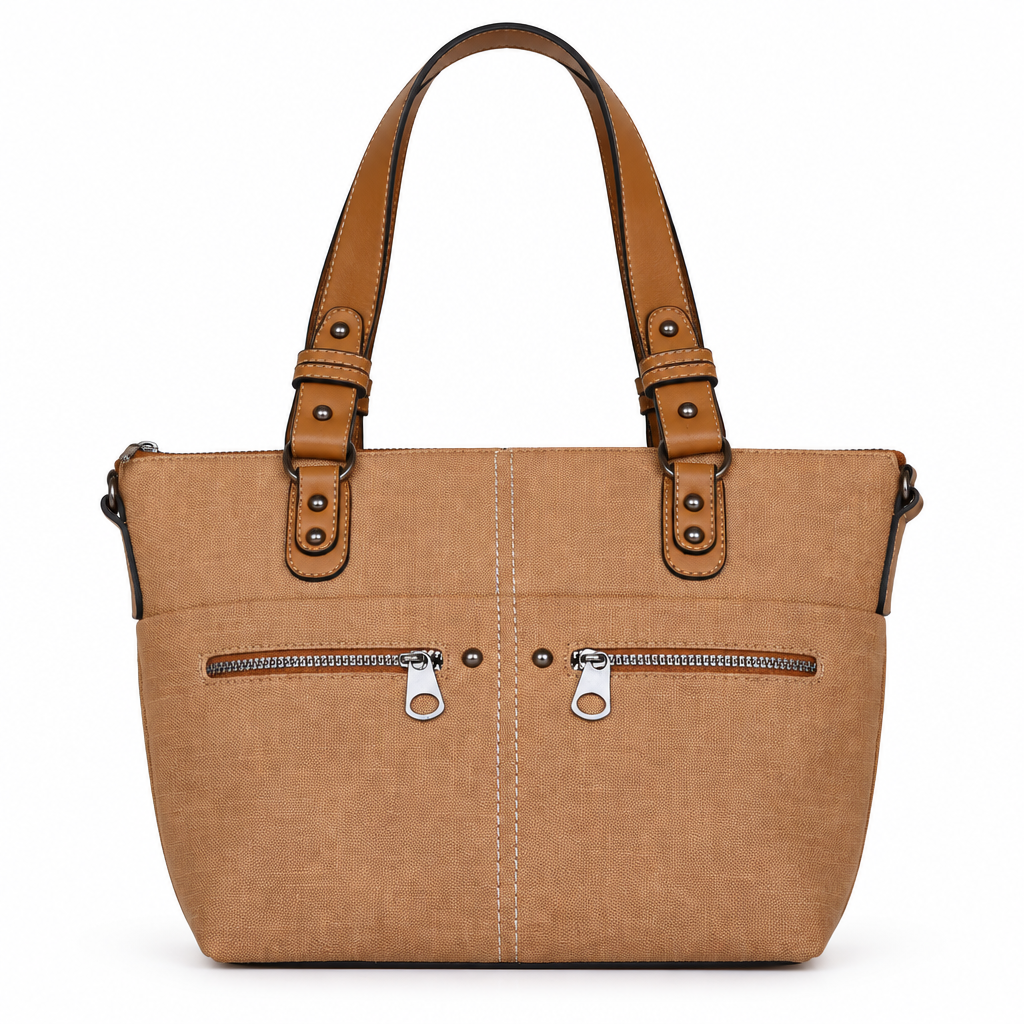 Everyday zip pocket tote bag - camel, studio view