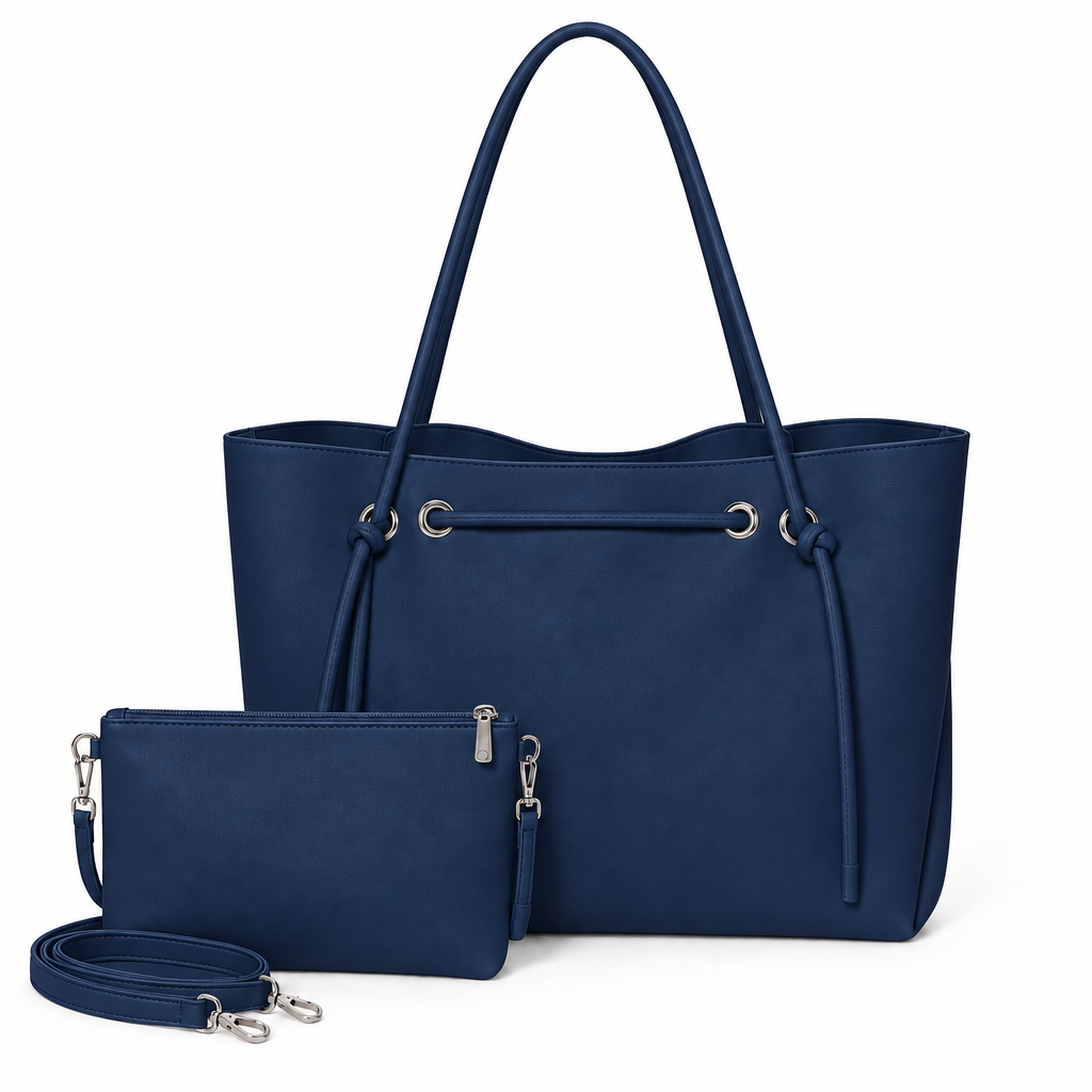 Knotted Cord Shoulder Tote & Matching Pouch Set - navy, studio view