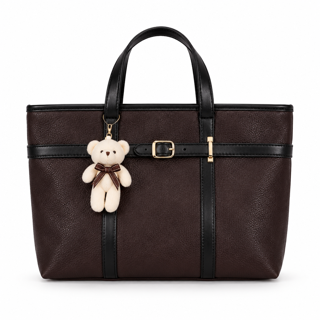 Teddy Charm Belt-Detail Top-Handle Tote - dark chocolate brown, studio view