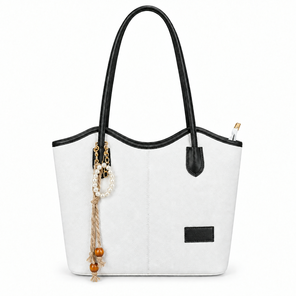 Pearl Charm Curved-Top Shoulder Tote - white with black trim, studio view