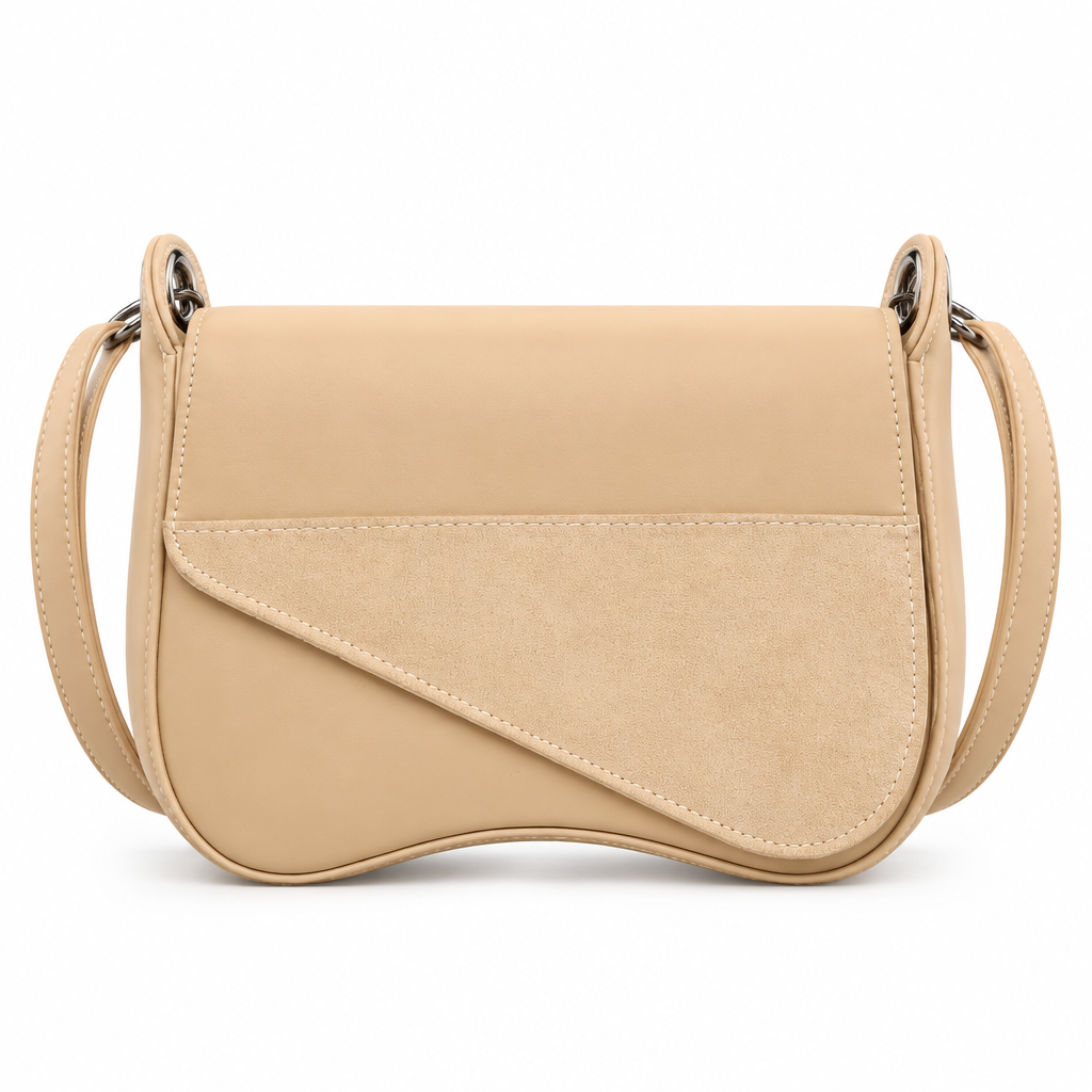 Suede panel saddle shoulder bag - beige, studio view