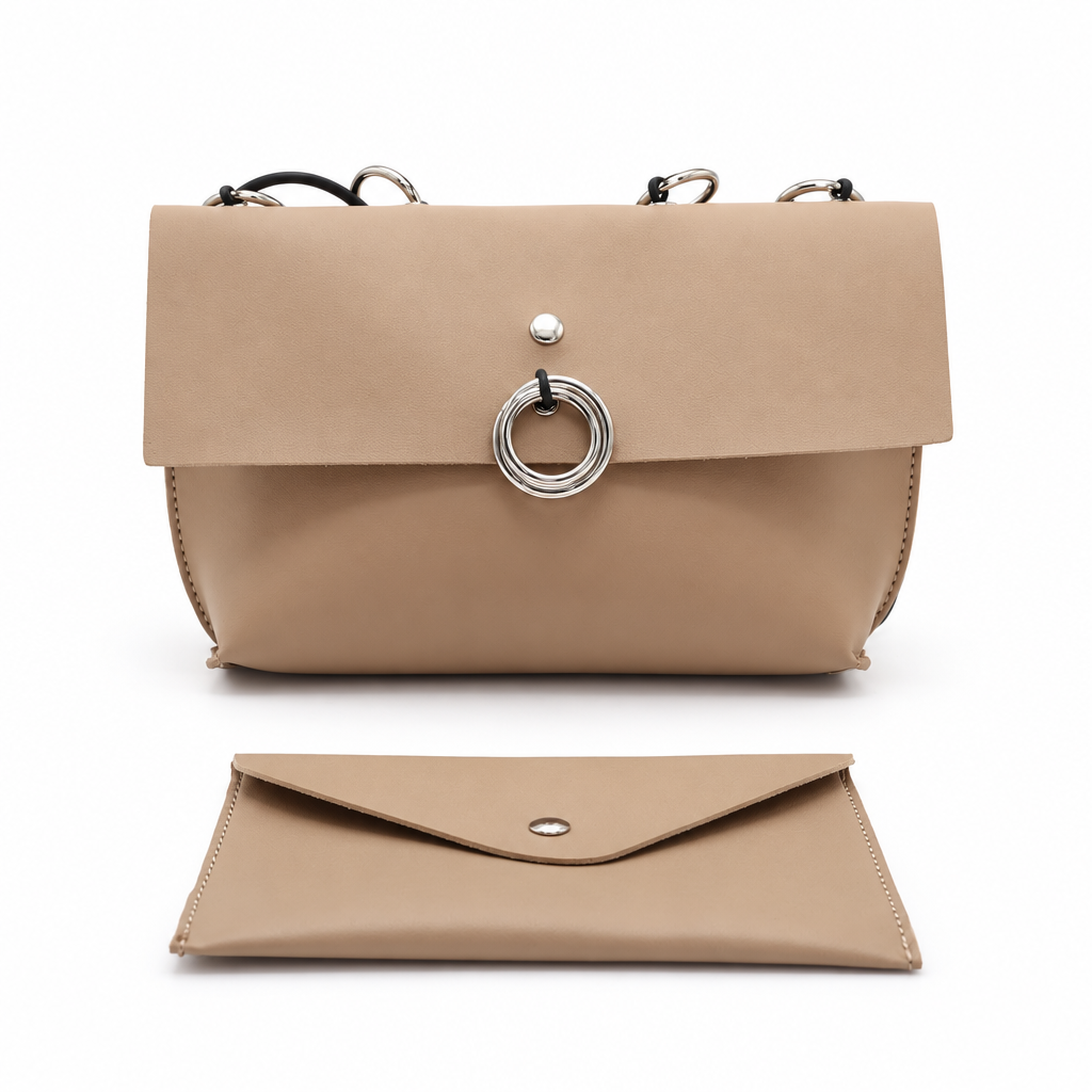 Ring-detail crossbody bag and envelope pouch set - taupe beige, studio view