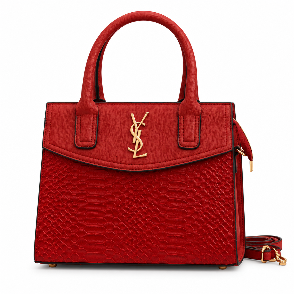 Saint Laurent style snake embossed mini tote - red, studio view