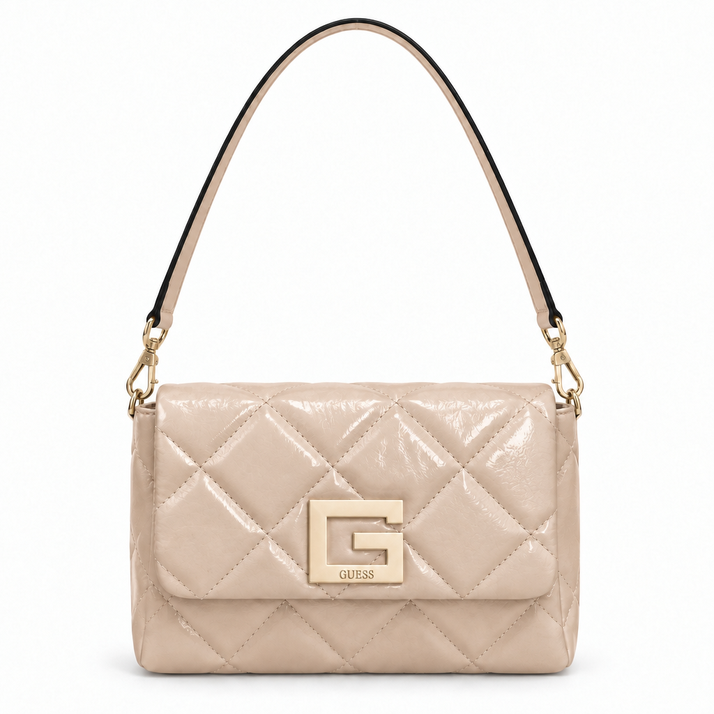 Guess style puffy quilted G logo flap bag - nude beige, studio view