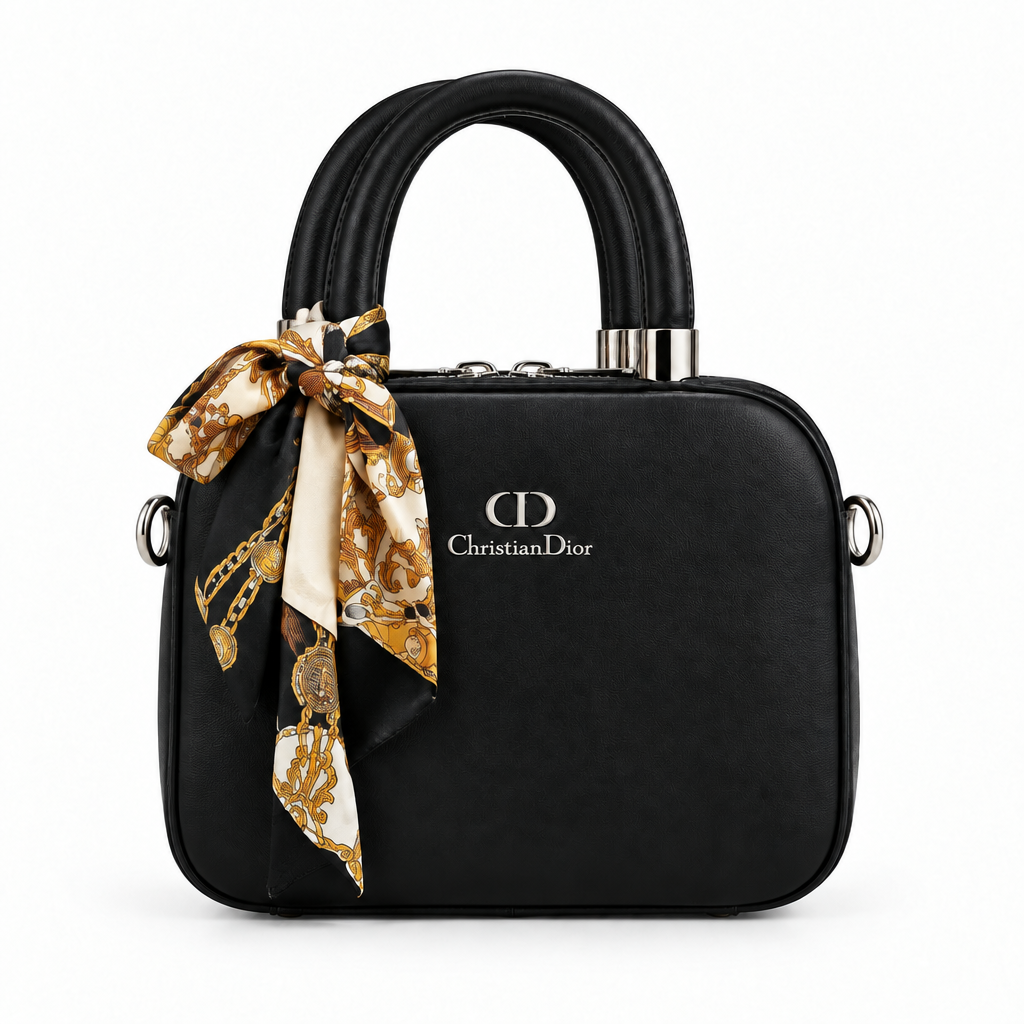 Dior Style Scarf-Handle Mini Bowler Bag - black, studio view
