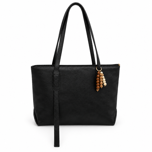 Bead Charm Long-Handle Zip-Top Shoulder Tote - black, studio view