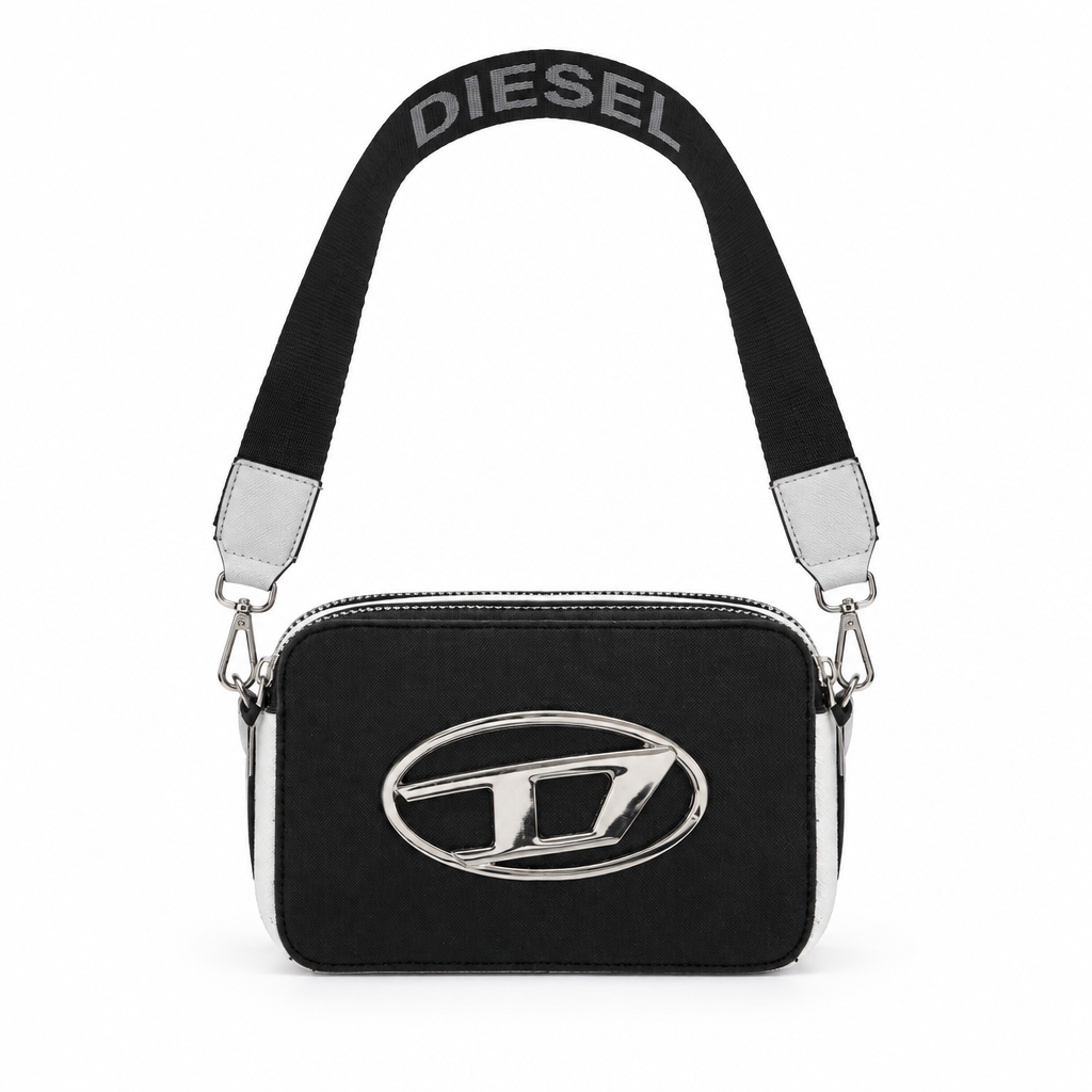 Diesel style camera bag with oval D logo - black, studio view
