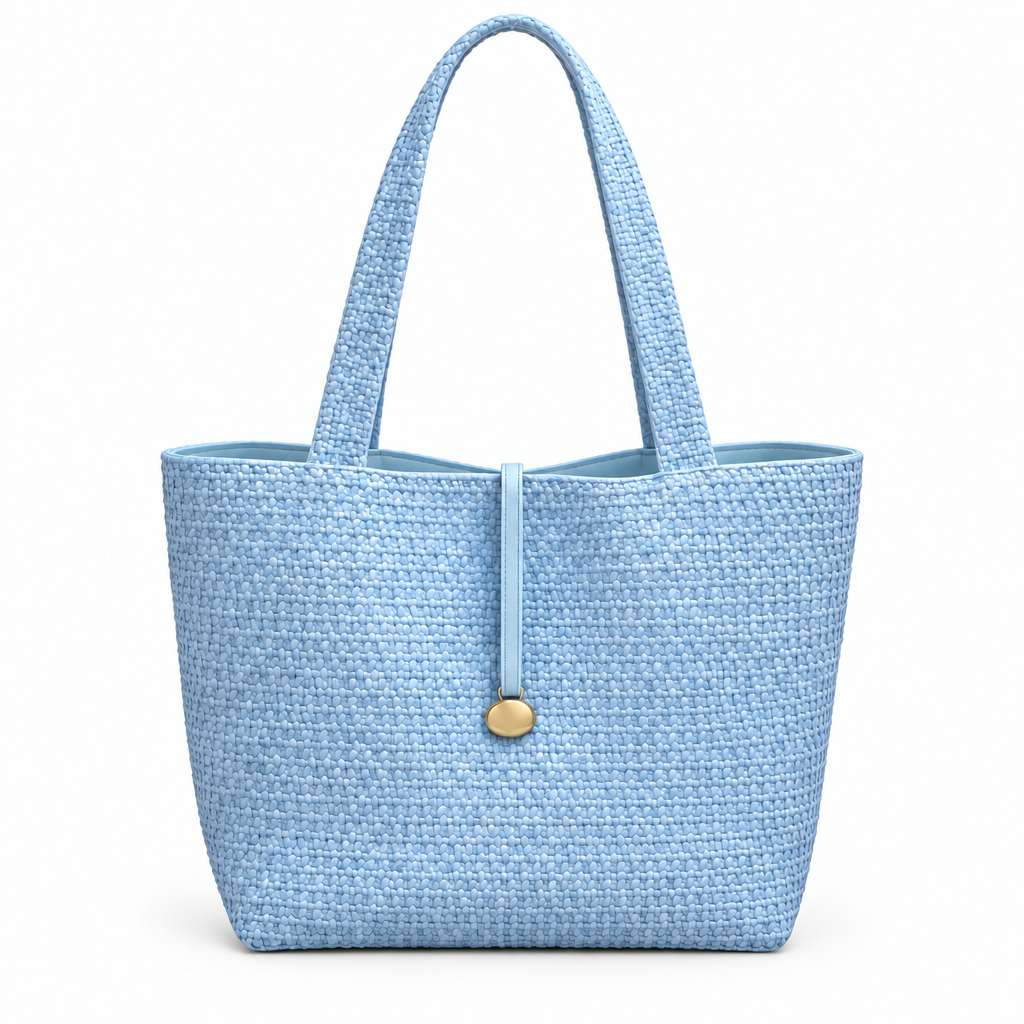 Woven Texture Gold-Charm Shoulder Tote - powder blue, studio view
