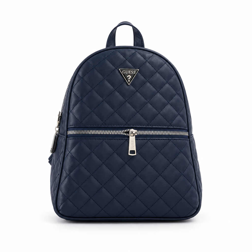 Guess style quilted backpack with triangle logo - navy, studio view