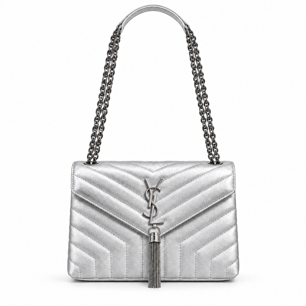 YSL style chevron quilted tassel chain flap bag - silver, studio view