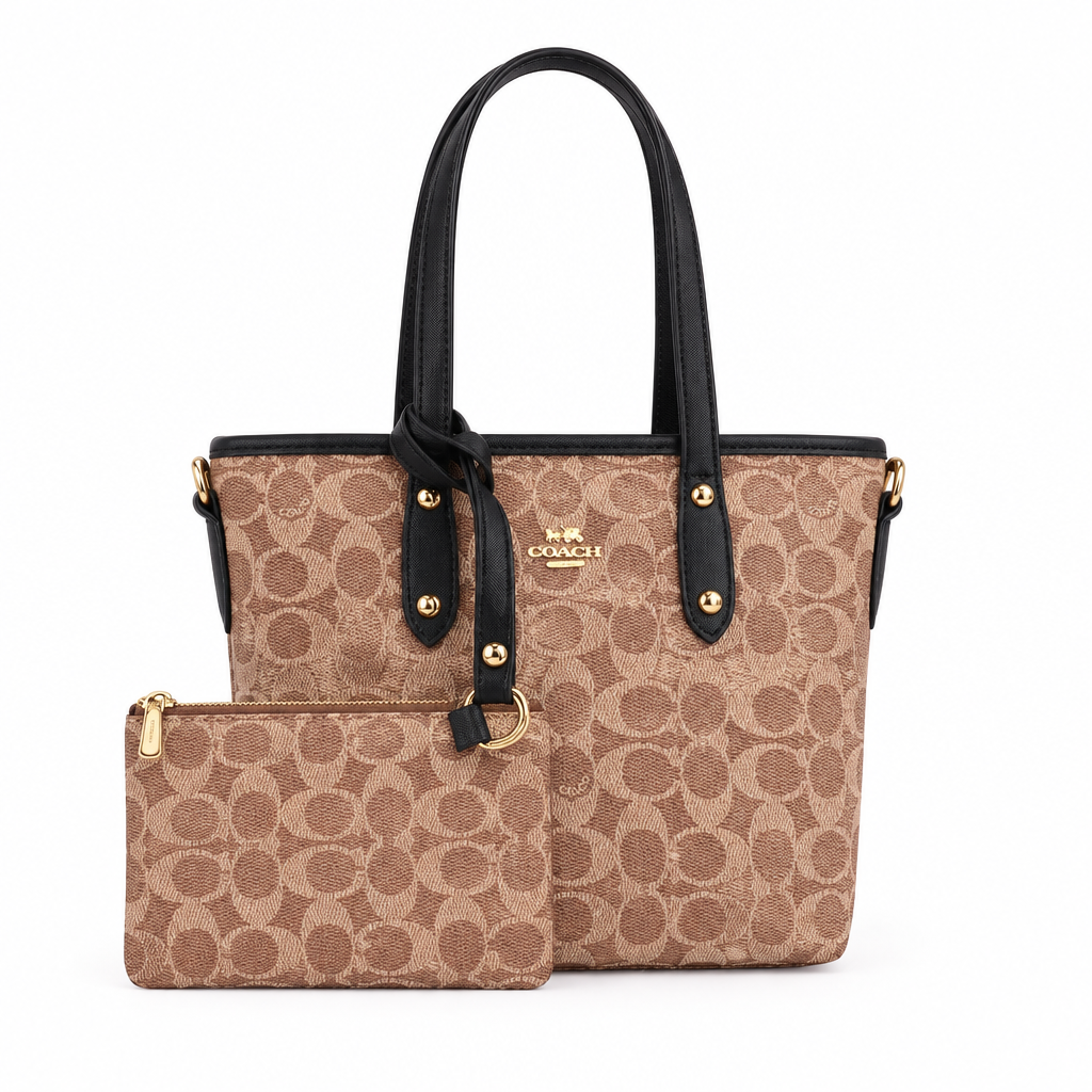 Coach style Signature City mini tote with pouch - tan with black trim, studio view