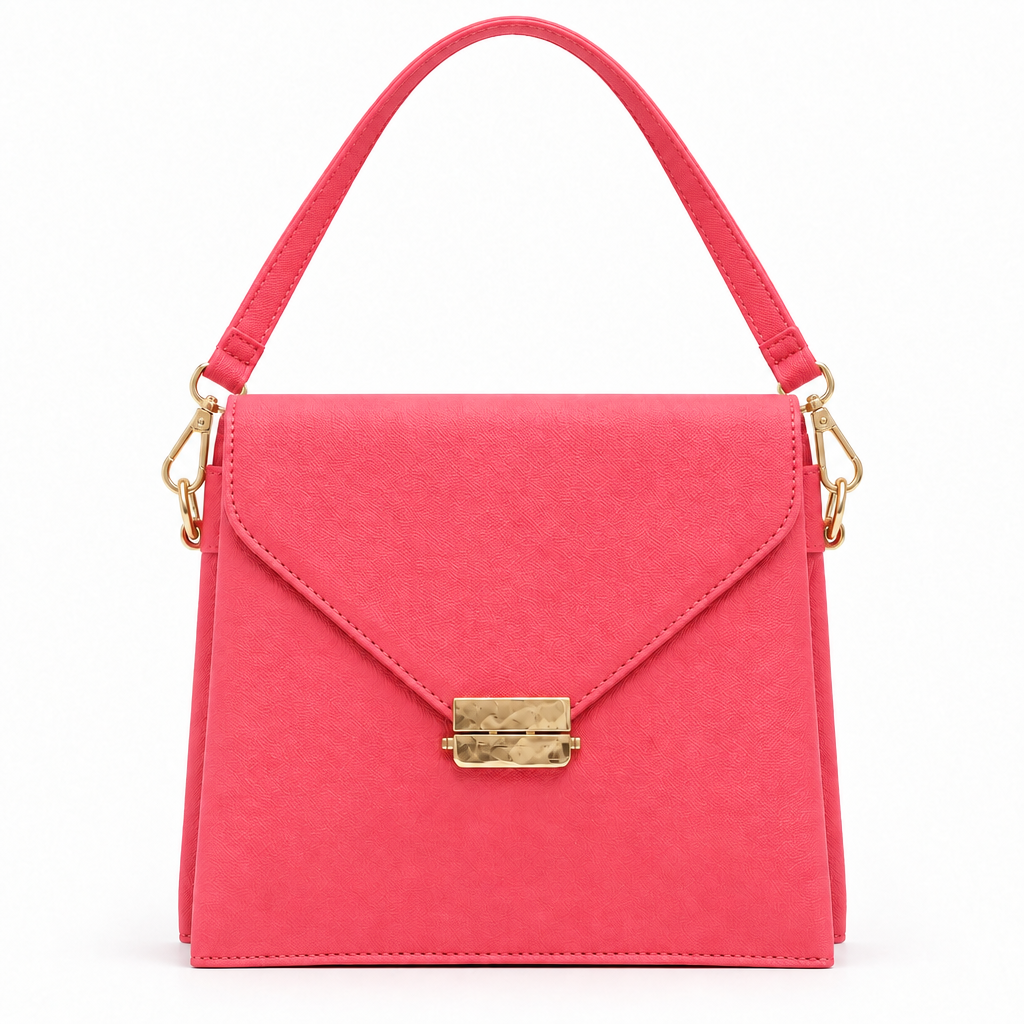 Envelope flap top handle bag - coral, studio view