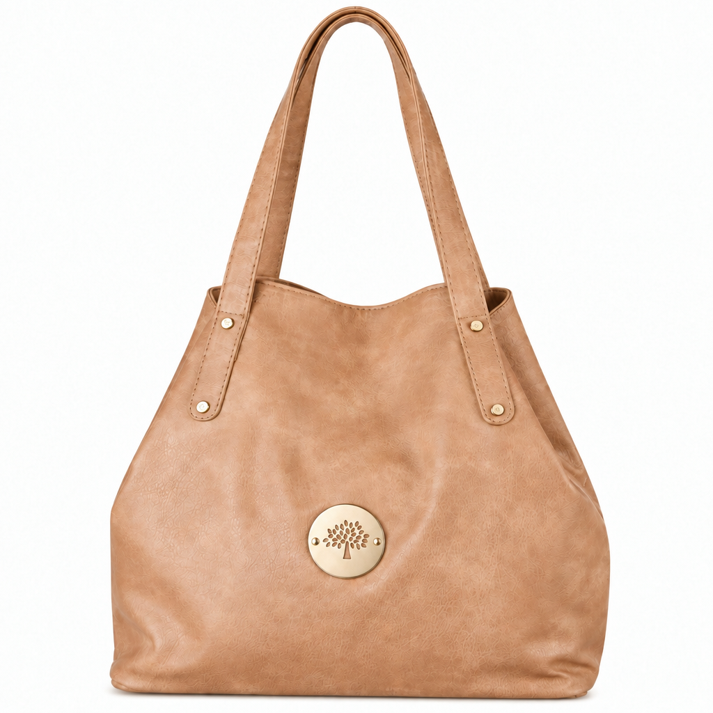 Mulberry style tree medallion shoulder tote - tan, studio view