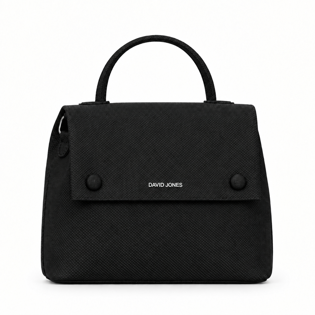 David Jones style textured flap top handle bag - black, studio view