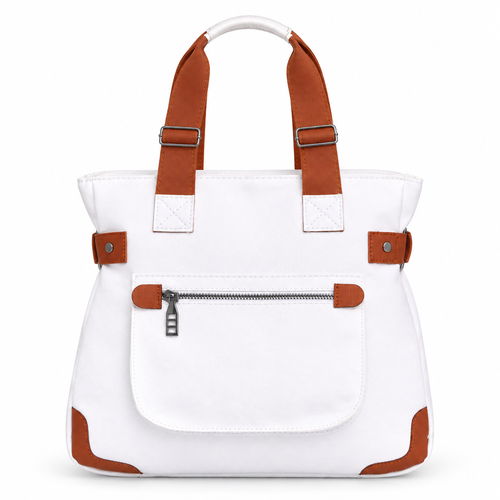 Canvas utility tote bag - white with tan, studio view