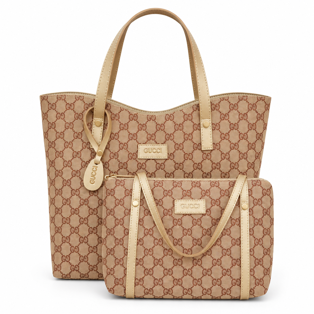 Gucci style GG canvas tote with pouch set - beige with gold trim, studio view