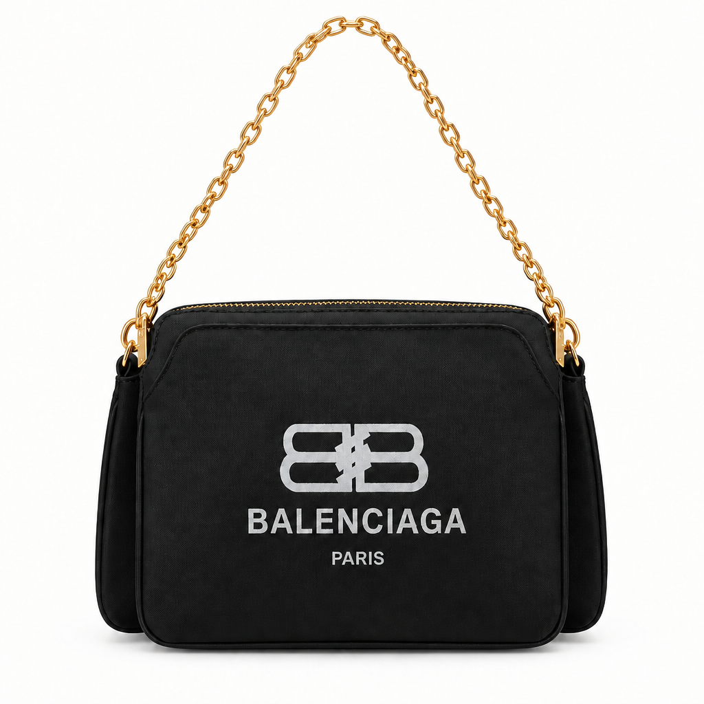 Balenciaga style BB logo canvas chain bag - black, studio view