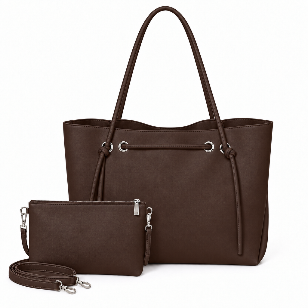 Knotted Cord Shoulder Tote & Matching Pouch Set - dark brown, studio view
