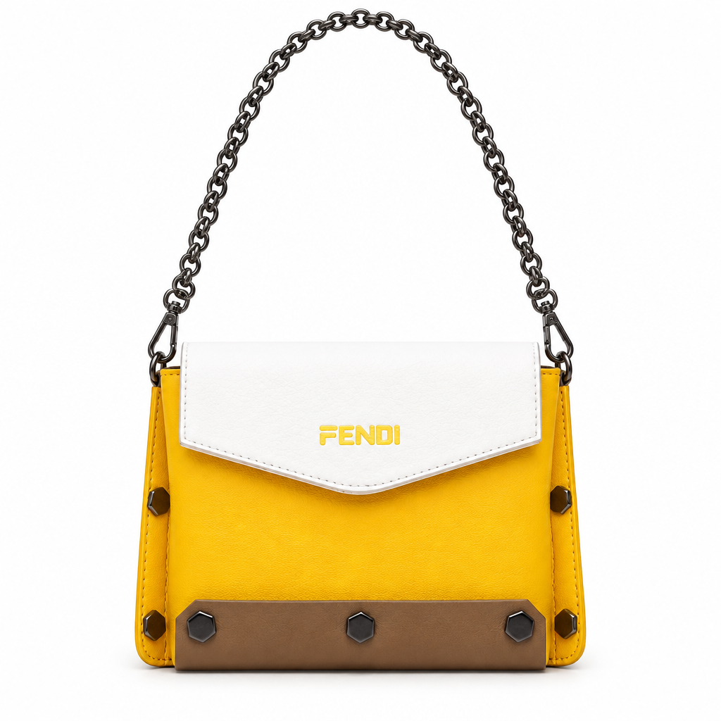 Fendi style color-block chain crossbody bag - yellow with white flap and tan studded base, front studio view