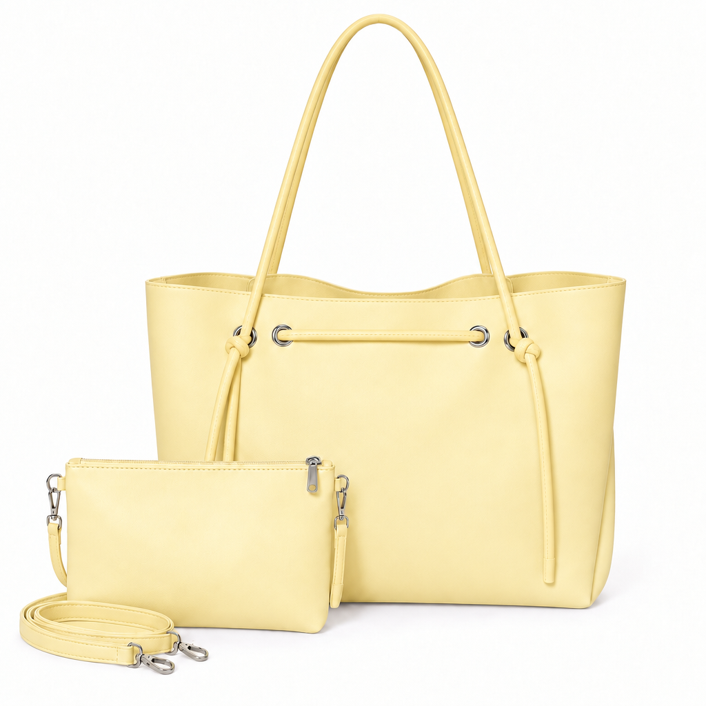 Knotted Cord Shoulder Tote & Matching Pouch Set - butter yellow, studio view