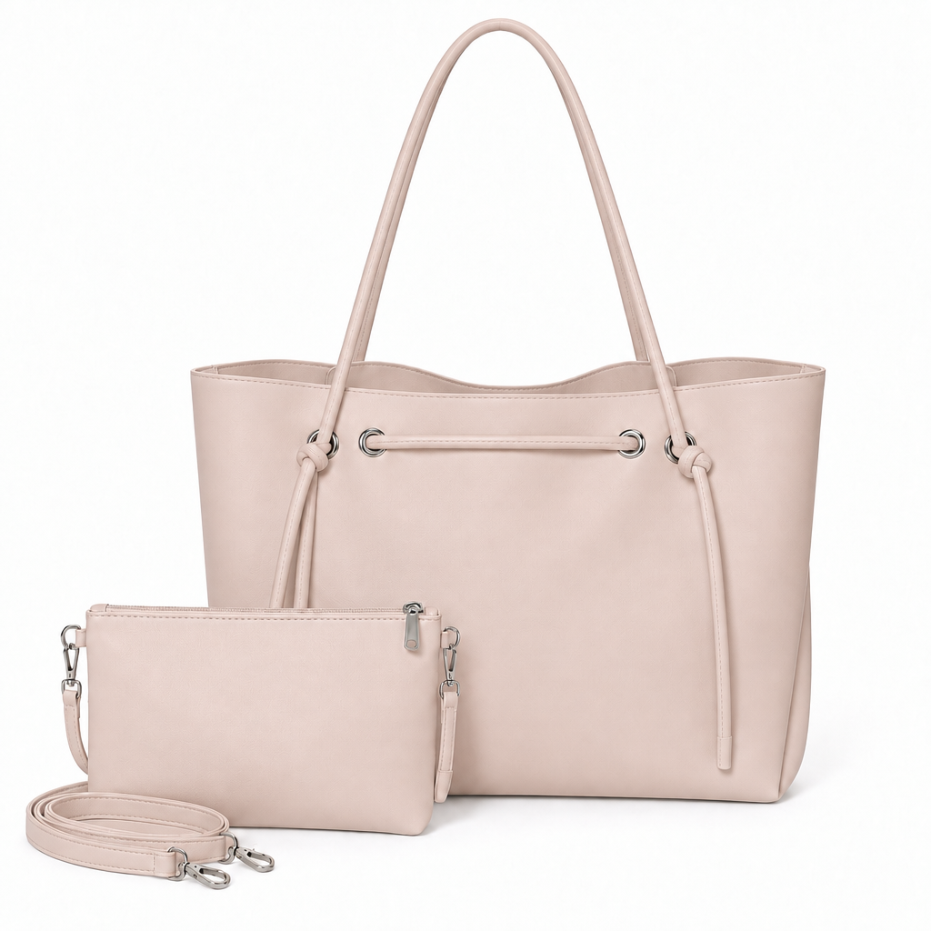 Knotted Cord Shoulder Tote & Matching Pouch Set - blush-beige, studio view