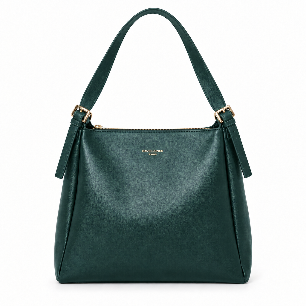 David Jones Style Twin-Buckle Shoulder Bag - muted teal green, studio view
