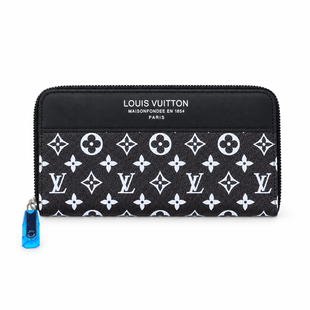 Louis Vuitton style zip around wallet - black and white monogram, studio view