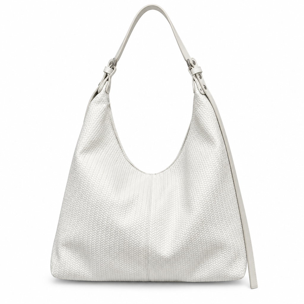Woven Texture Adjustable-Strap Slouchy Hobo Bag - white, studio view