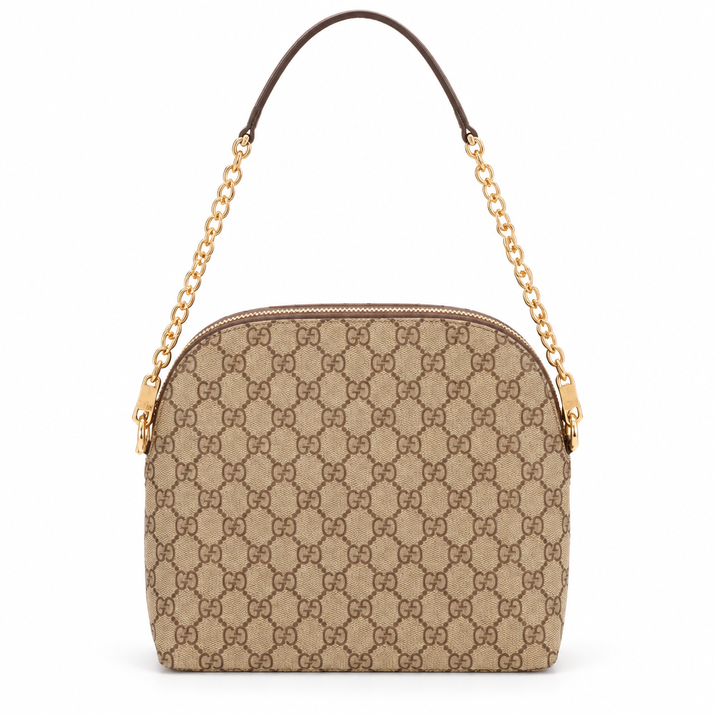 Gucci style GG canvas dome chain bag - beige and brown, studio view