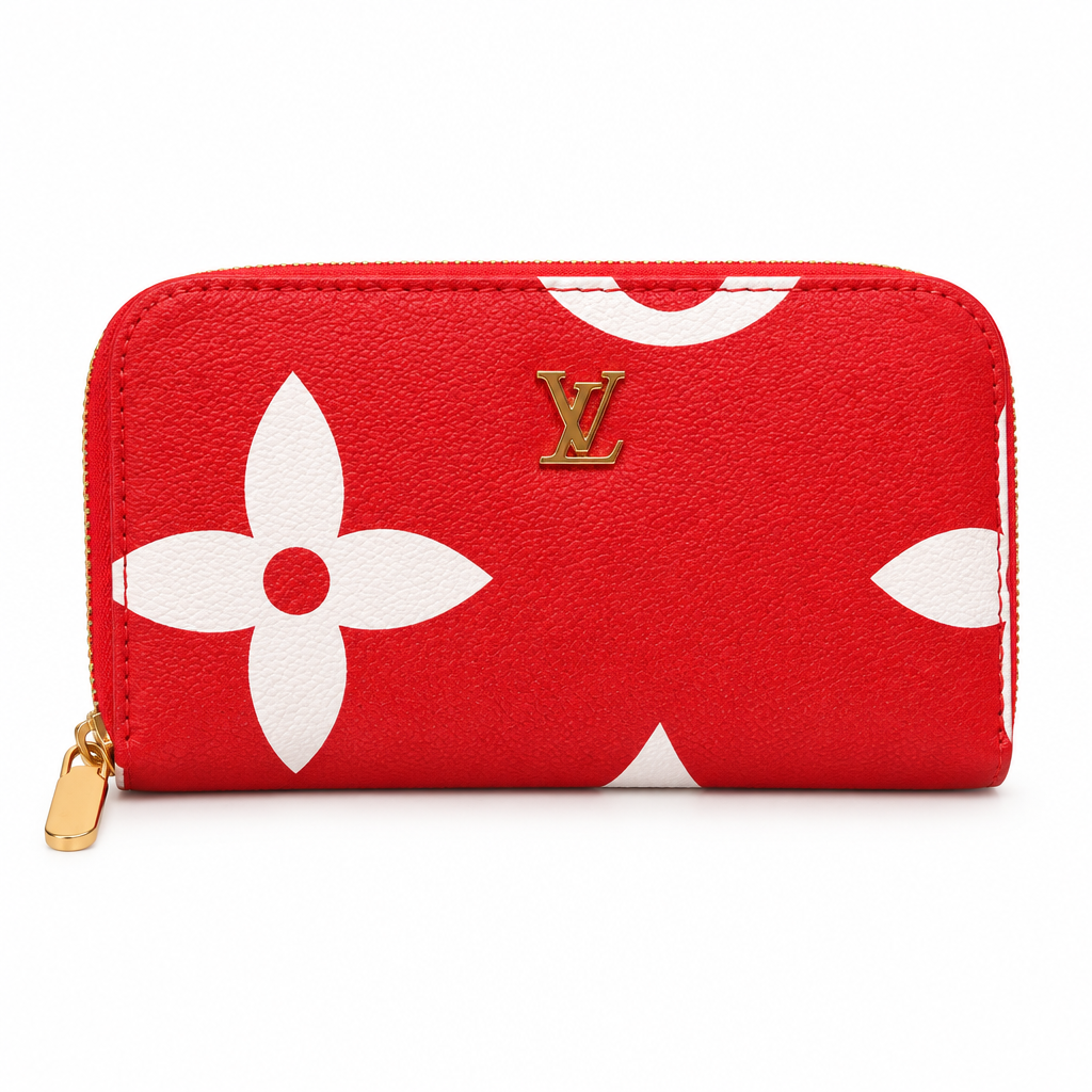 Louis Vuitton style giant monogram zip wallet - red and white, studio view