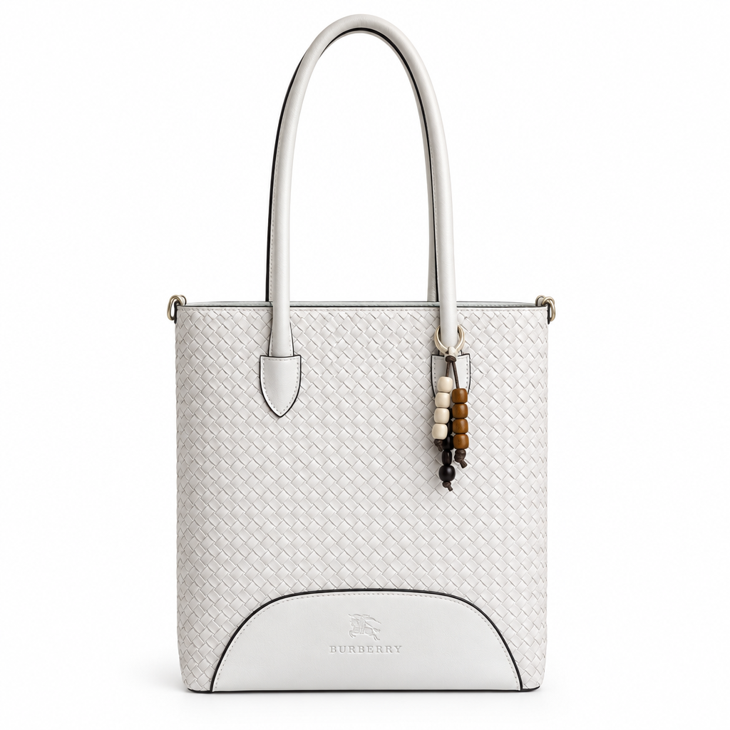 Burberry Style Woven Bead-Charm Shoulder Tote - white, studio view