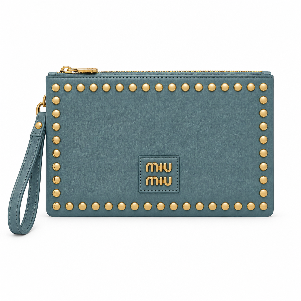 Miu Miu style studded wristlet clutch - muted blue, studio view