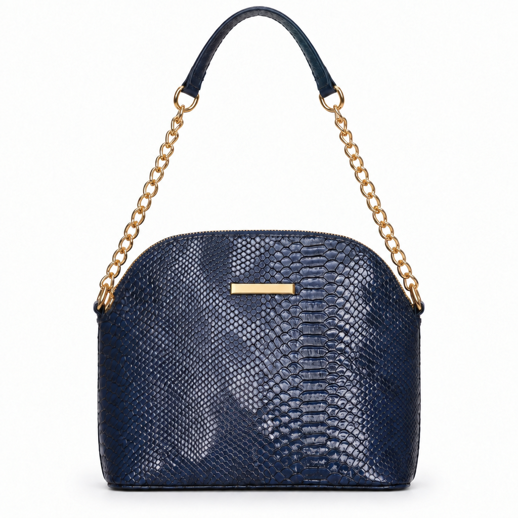 Snake embossed dome chain shoulder bag - navy, studio view