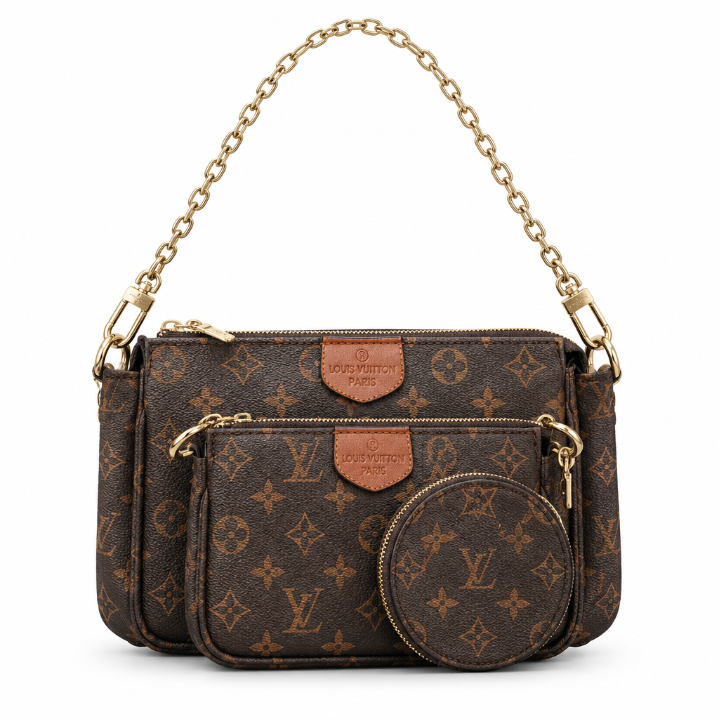 Louis Vuitton style Multi Pochette set - brown monogram, studio view