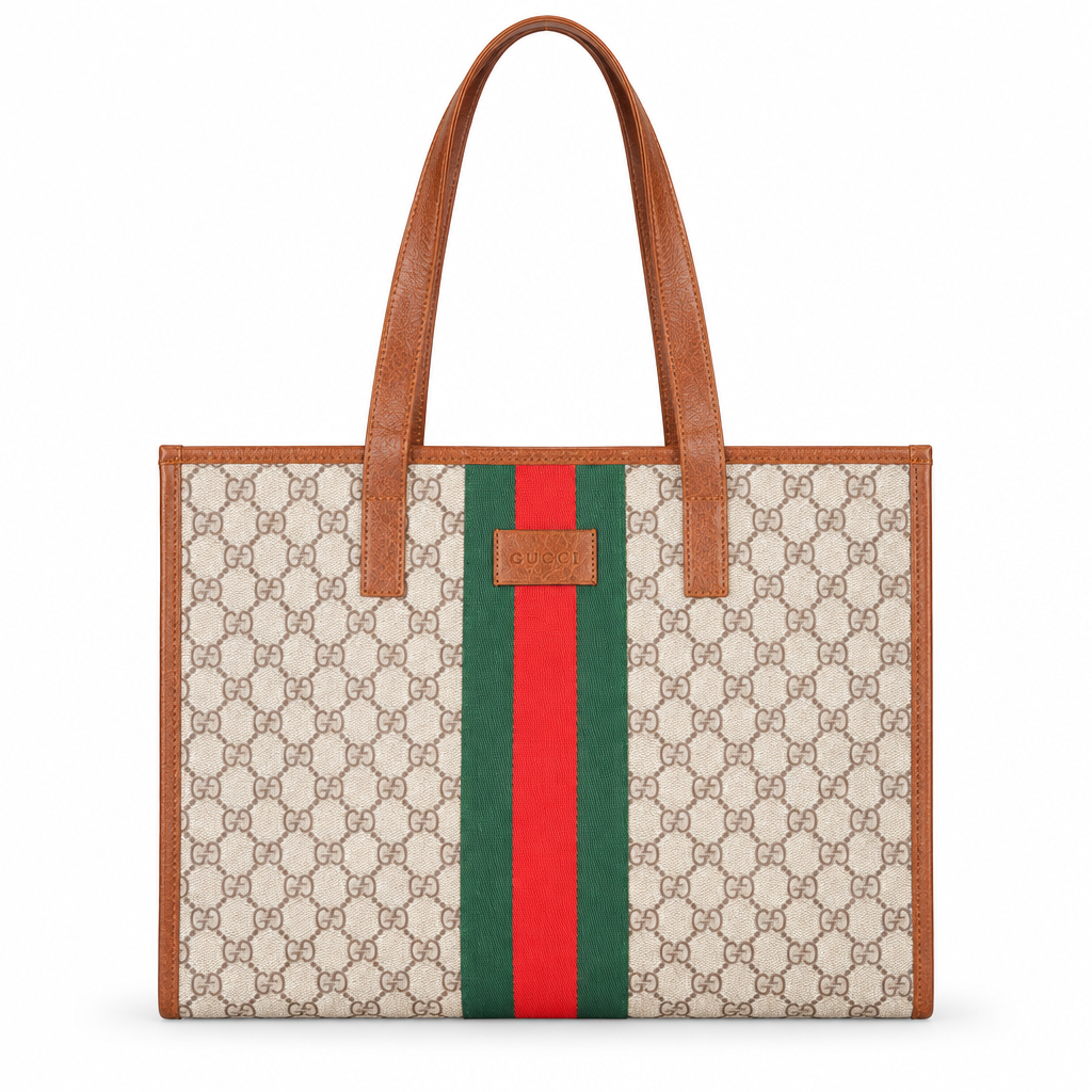 Gucci style GG stripe tote - beige with tan trim, studio view