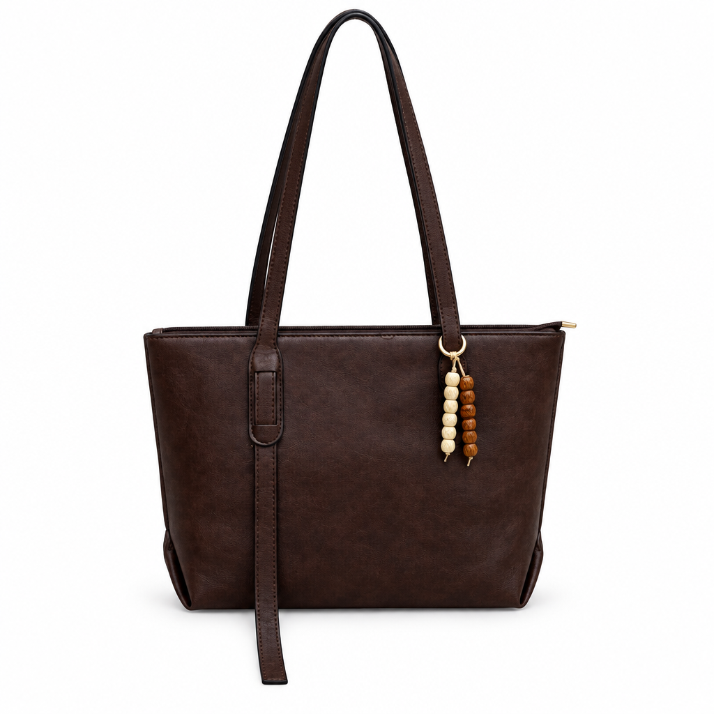 Bead Charm Long-Handle Zip-Top Shoulder Tote - dark brown, studio view