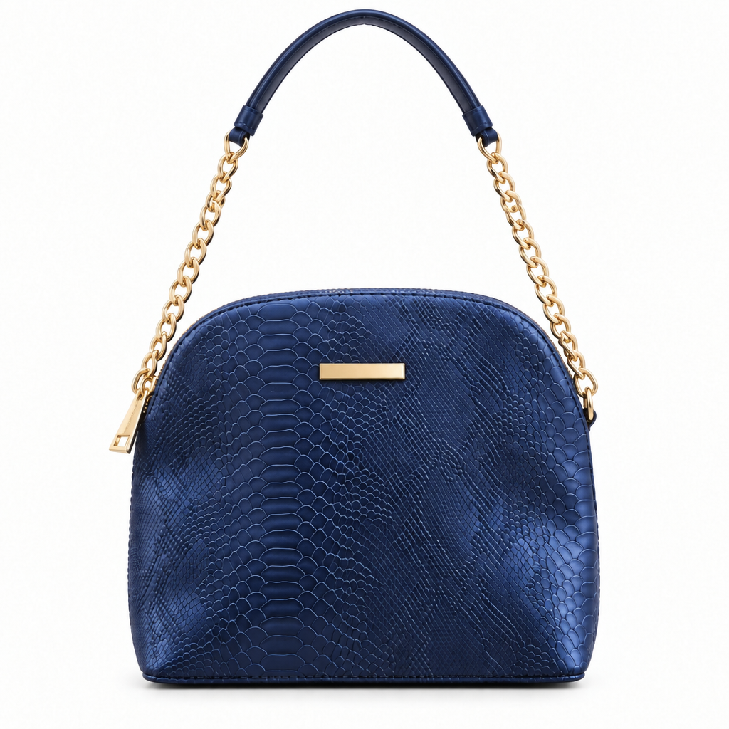 Snake embossed dome chain shoulder bag - navy with leather handle, studio view