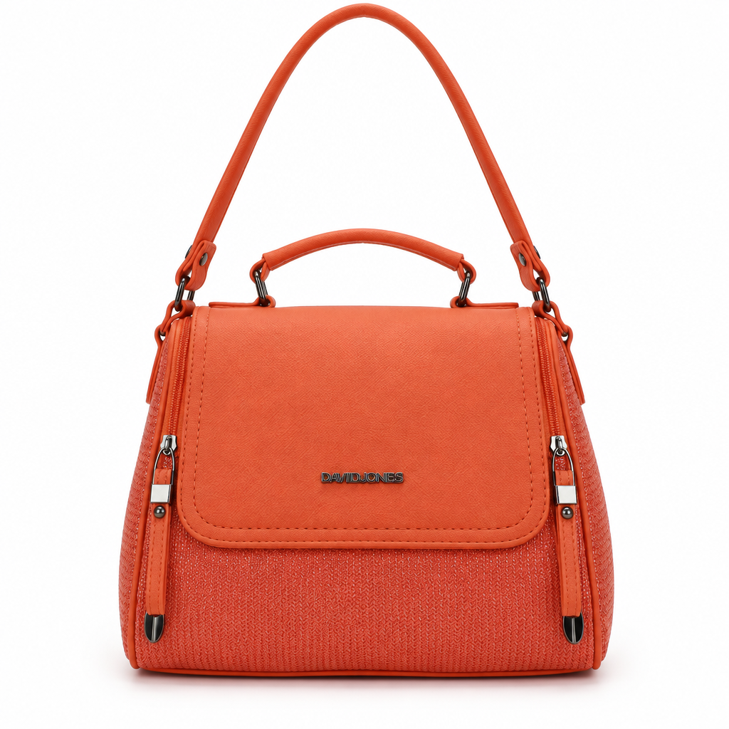 David Jones style woven flap top handle bag - orange, front view